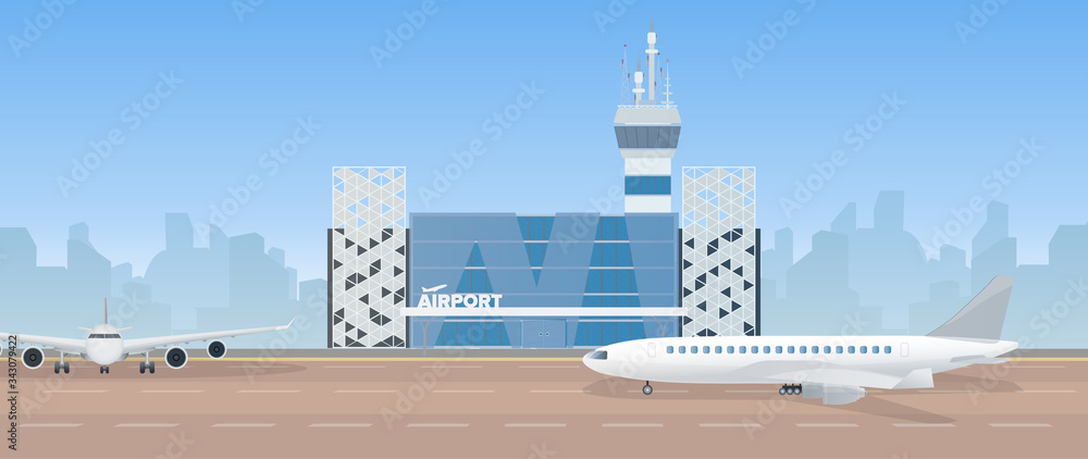 Modern airport. Runway. Airplane on the runway. Airport in a flat style. City silhouette. Vector illustration