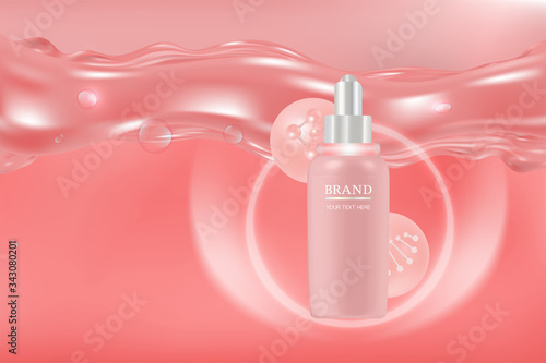 Beauty product ad design, pink cosmetic container with collagen solution advertising background ready to use, luxury skin care banner, illustration vector.