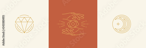 Vector line decoration design elements set - moon and gesture hands illustrations simple minimal linear style.