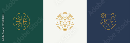 Vector line decoration design elements set - lion and bear heads illustrations simple minimal linear style