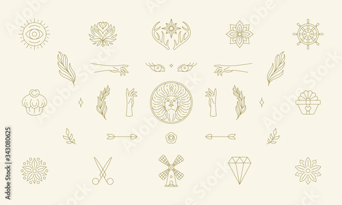 Vector line women decoration design elements set - women face and gesture hands illustrations simple linear style