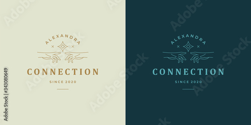 Female hands connection with fingers line vector logo emblem design template