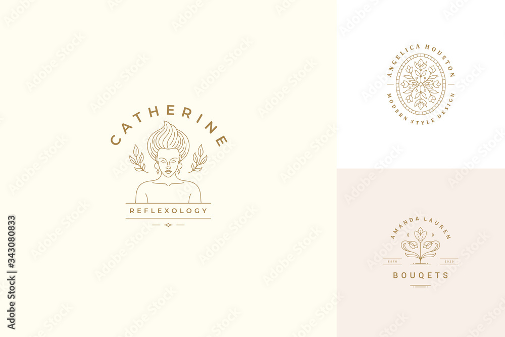 Vector line logos emblems design templates set - female face and flowers illustrations simple linear style Vector line logos emblems design templates set - female face and flowers illustrations simple linear style