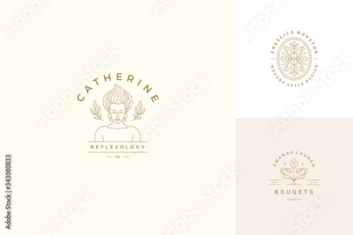 Vector line logos emblems design templates set - female face and flowers illustrations simple linear style