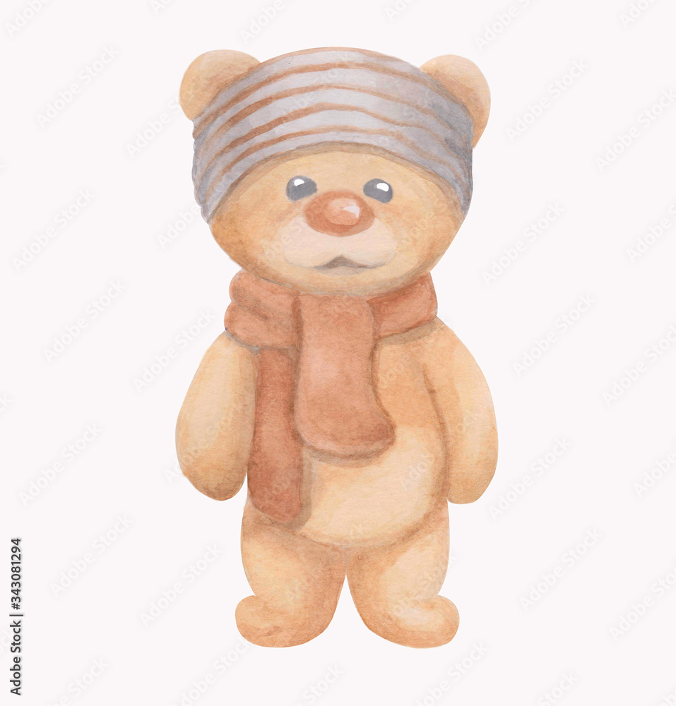Teddy bear, winter bear costume, watercolor illustration Teddy bear, winter bear costume, watercolor illustration