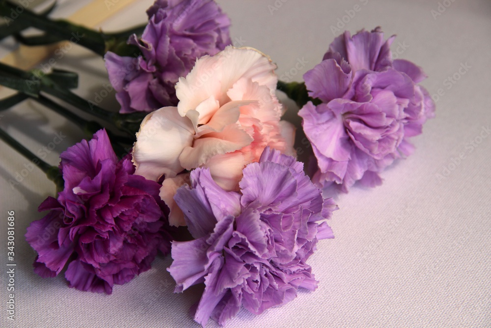 charming bouquet of multicolored carnations in lilac tones