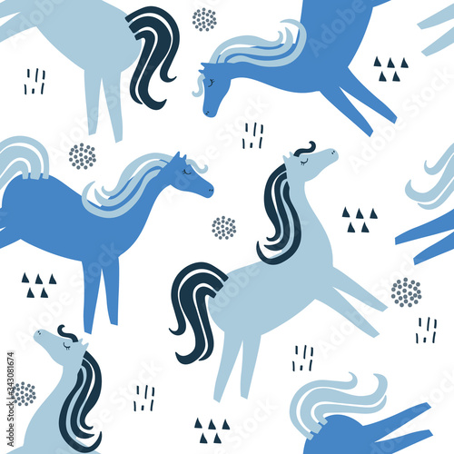 Horses  hand drawn backdrop. Colorful seamless pattern with animals. Decorative cute wallpaper  good for printing. Overlapping background vector. Design illustration