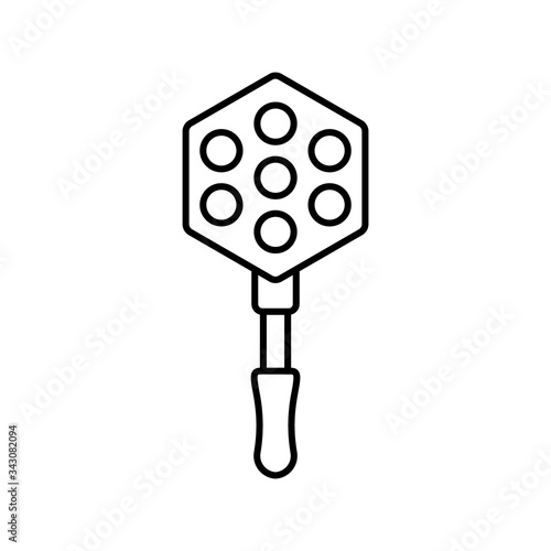 Bubble waffle mold with long handle. Linear icon of cast iron or aluminum pan for making Hong Kong egg waffle on stove. Illustration of kitchen appliances. Contour isolated vector on white background