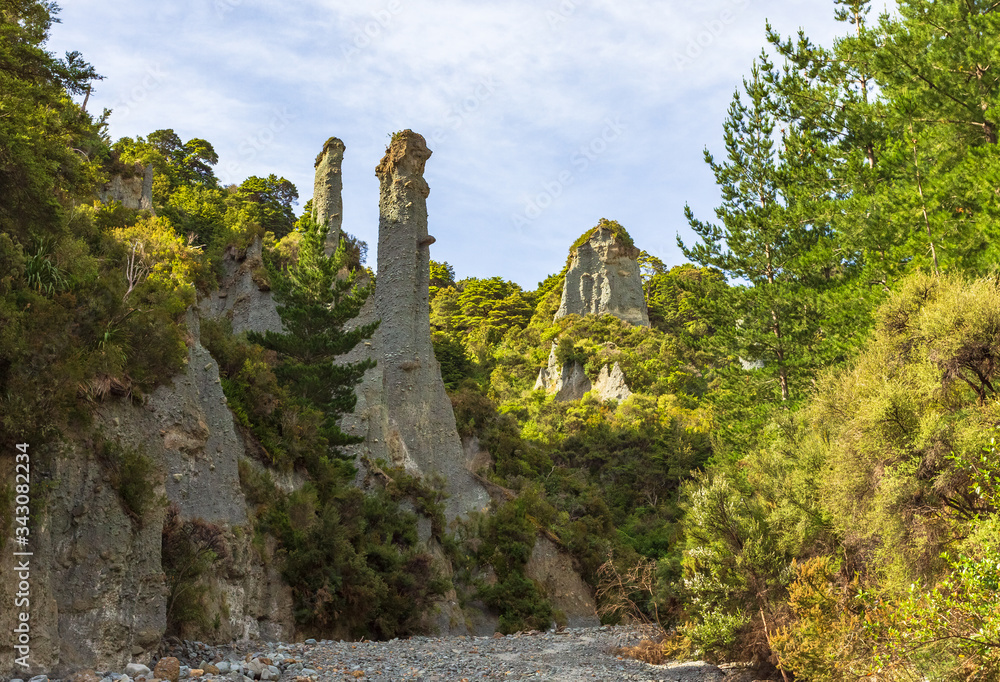 Beauty of nature. Rock finger. Сliffs of Putangirua Pinnacles. New Zealand