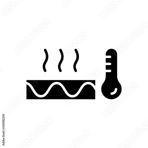In-floor warming system. Silhouette of section of floor with heating cable, thermometer and hot air. Outline icon of thermomat. Flat isolated vector illustration on white background
