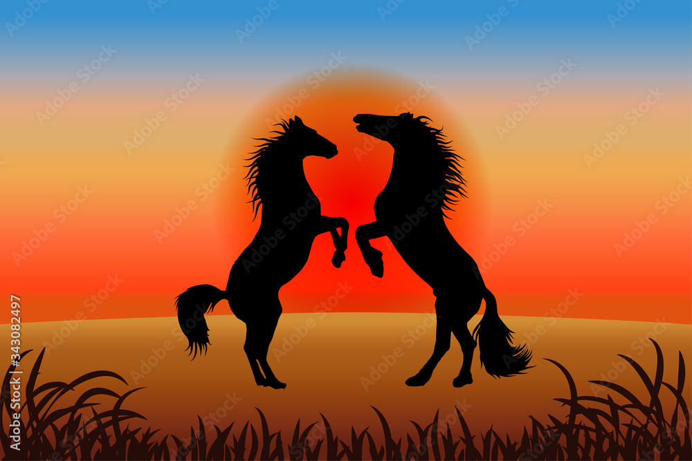 Romantic horse background - two stallions reared against the sunset Romantic horse background - two stallions reared against the sunset