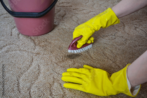 Women's hands in yellow gloves, wash the stains on the carpet