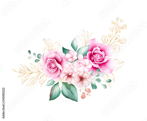 Watercolor flowers bouquet. Floral illustration, leaf and buds arrangement. B...