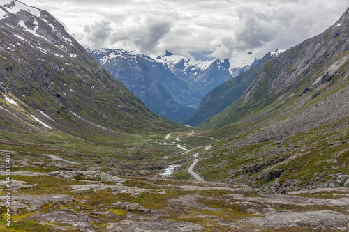 Norway, Beautiful View Of Mountain with cloudy sky and Green Valley, Norway Mountain Landscape selective focus