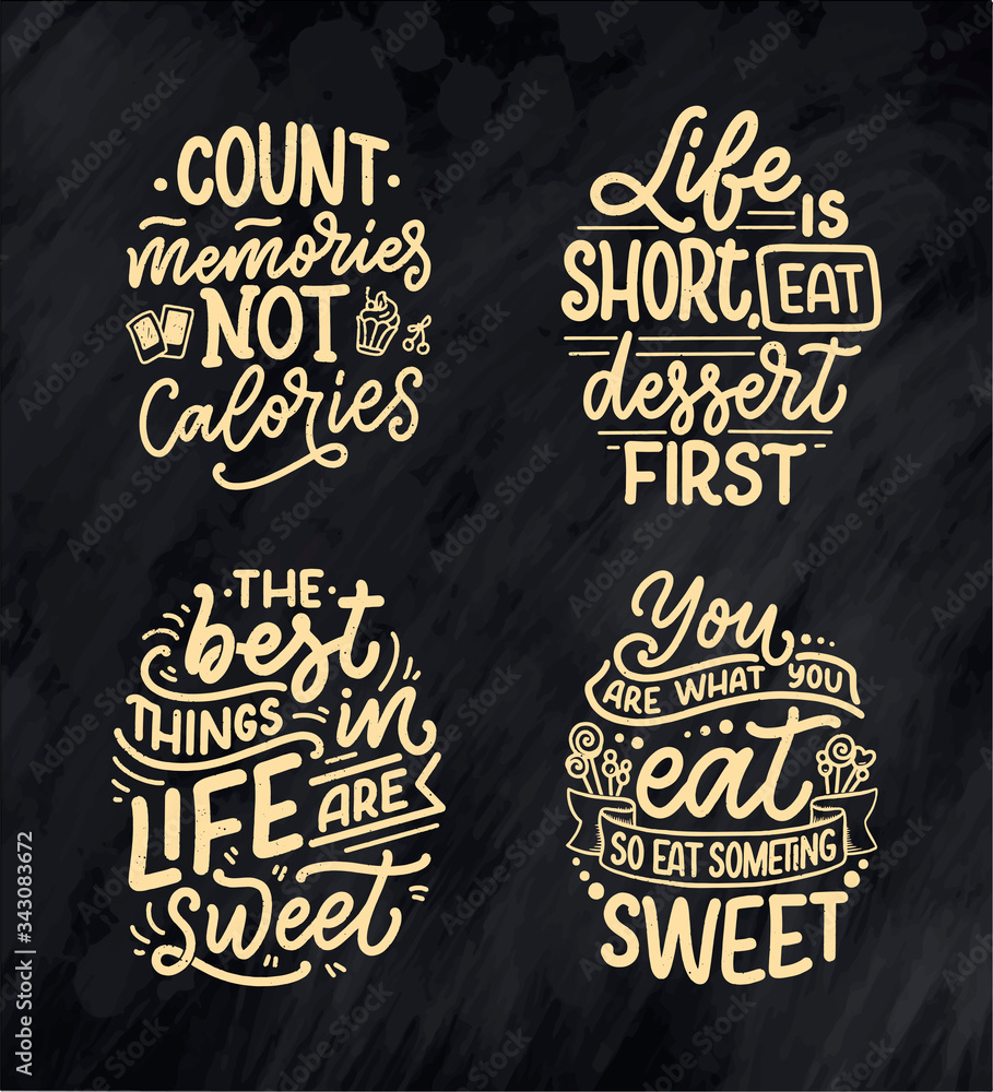 Set with funny sayings, inspirational quotes for cafe or bakery print. Embossed tape and brush calligraphy. Dessert lettering slogans in hand drawn style. Vector Set with funny sayings, inspirational quotes for cafe or bakery print. Embossed tape and brush calligraphy. Dessert lettering slogans in hand drawn style. Vector