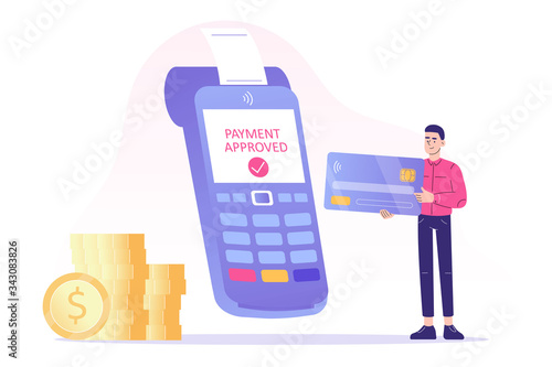 NFC contactless payment concept. Young man using bank card to make payment. POS terminal approves the payment. Online transaction. Internet banking. Wireless technology. Vector isolated illustration