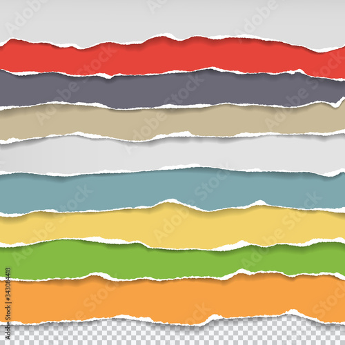 Pieces of torn, ripped horizontal colorful and white paper with soft shadow are on squared background for text. Vector illustration