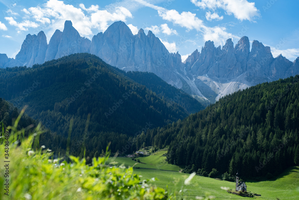 The Val di Funes Vales, the famous church with the view of the Dolomites mountains