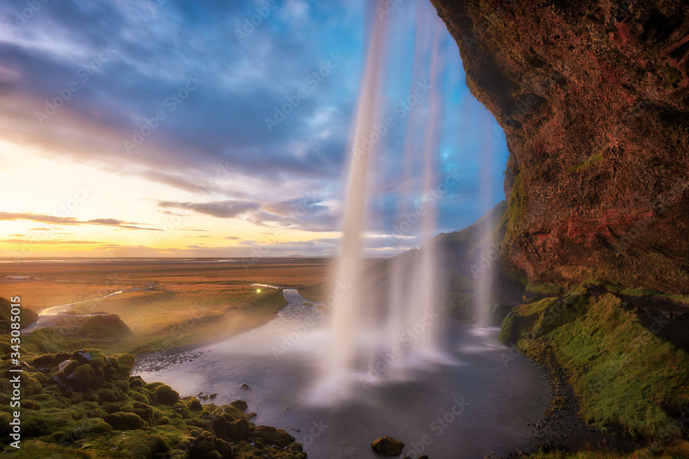 Seljalandsfoss Waterfall During Sunset in Southern Iceland