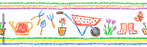 Seamless border, pattern or frame funny doodle gardening tools set. Crayon like kids hand drawn garden or farm instruments. Vector pastel chalk or pencil child flower, cart, rubber boots, plant art