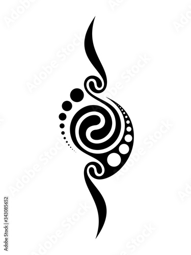 Minimal abstract stencil, tribal tattoo sketch. Black and white sign of magic spiral mascot, symbol of sun and time. Vector template.