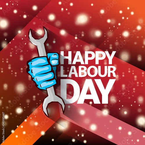 1 may Happy labour day vector label with strong protest fist isolated on red background with rays. vector happy labor day background or banner with man hand. workers may day poster