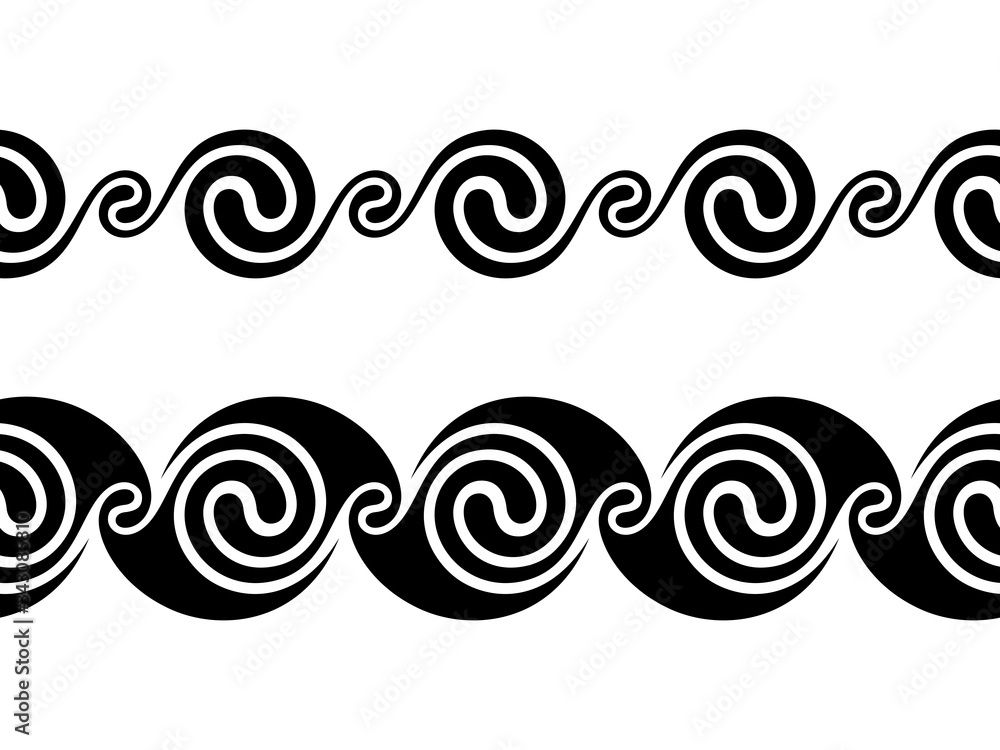 Vector set of seamless stripes; Black and white templates of shamanic ornaments; Ancient sacred geometric pattern of meander, harmonic spiral shapes. Minimal modern style, visionary psychedelic art. Vector set of seamless stripes; Black and white templates of shamanic ornaments; Ancient sacred geometric pattern of meander, harmonic spiral shapes. Minimal modern style, visionary psychedelic art.