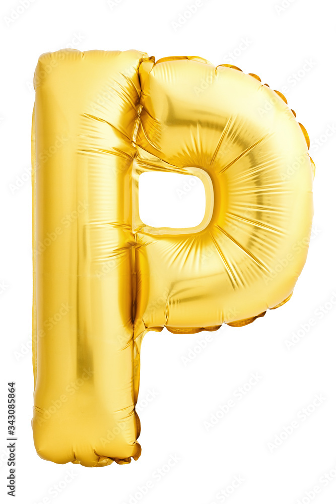 Golden letter P made of inflatable balloon isolated on white background. One of full alphabet set