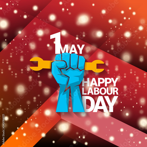 1 may Happy labour day vector label with strong protest fist isolated on red background with rays. vector happy labor day background or banner with man hand. workers may day poster