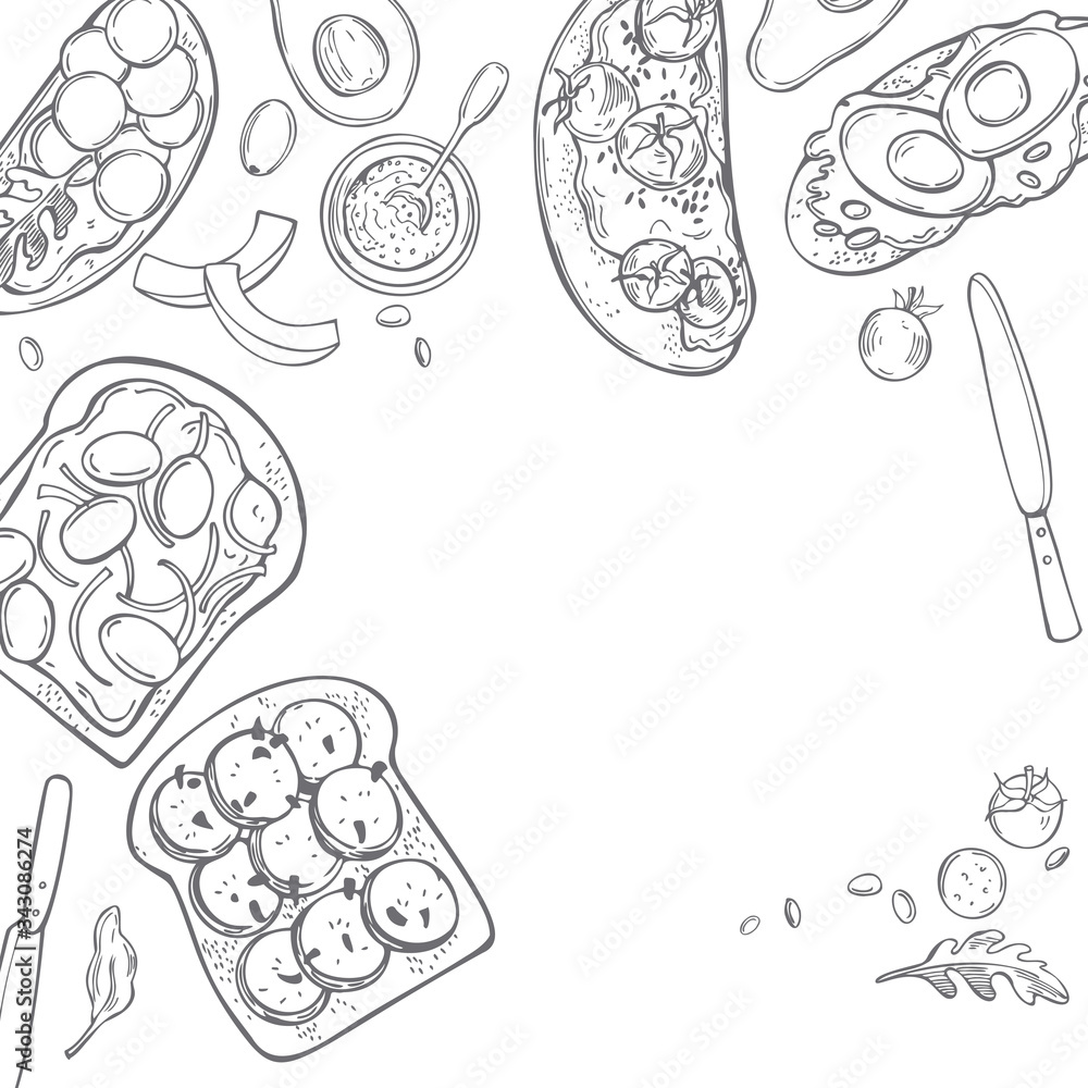 Hand drawn toasts on white background. Vector background. Sketch illustration Hand drawn toasts on white background. Vector background. Sketch illustration