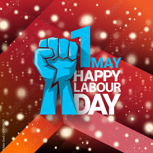 1 may Happy labour day vector label with strong protest fist isolated on red background with rays. vector happy labor day background or banner with man hand. workers may day poster