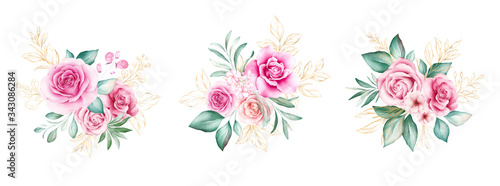 Watercolor flowers bouquet set. Floral illustration, leaf and buds arrangemen...