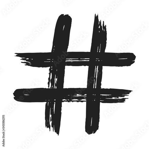 Hand drawn brush stroke dirty art hashtag symbol icon sign isolated on white background. Black and white composition of the symbol hashtag.