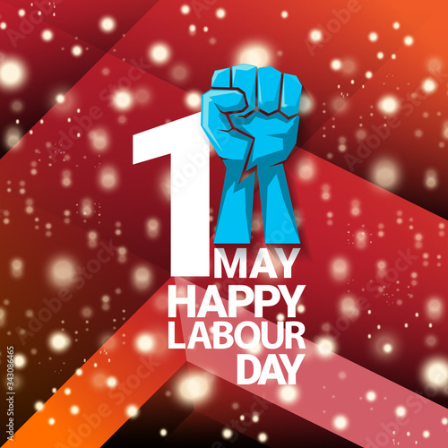 1 may Happy labour day vector label with strong protest fist isolated on red background with rays. vector happy labor day background or banner with man hand. workers may day poster