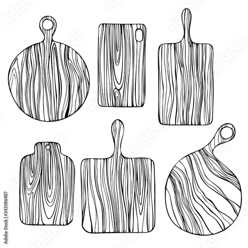 Hand drawn wooden cutting boards.     Vector sketch illustration