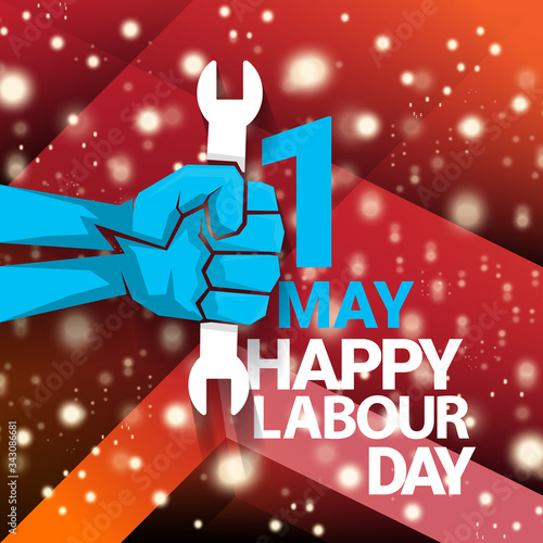 1 may Happy labour day vector label with strong protest fist isolated on red background with rays. vector happy labor day background or banner with man hand. workers may day poster