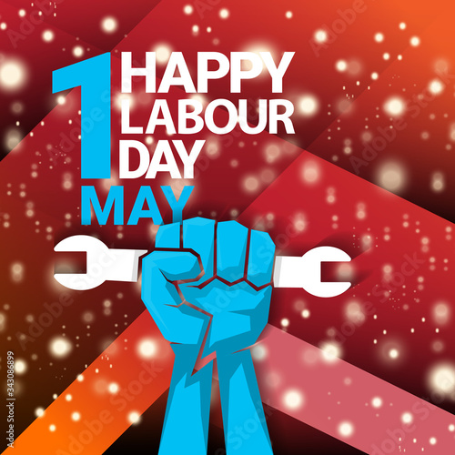 1 may Happy labour day vector label with strong protest fist isolated on red background with rays. vector happy labor day background or banner with man hand. workers may day poster
