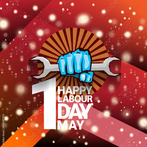 1 may Happy labour day vector label with strong protest fist isolated on red background with rays. vector happy labor day background or banner with man hand. workers may day poster