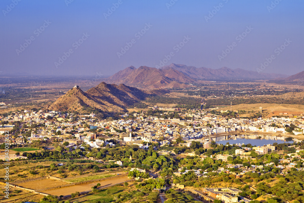 Arial landscape of Pushkar Holy City, in Rajasthan, India.