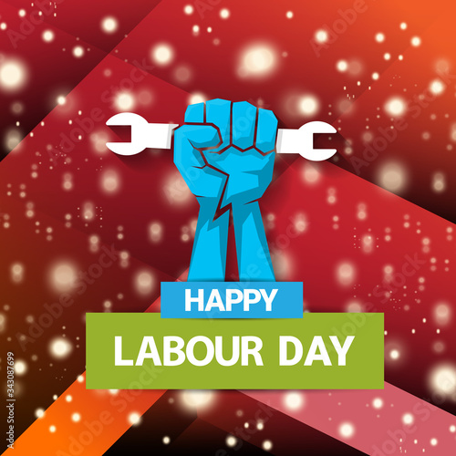 1 may Happy labour day vector label with strong protest fist isolated on red background with rays. vector happy labor day background or banner with man hand. workers may day poster