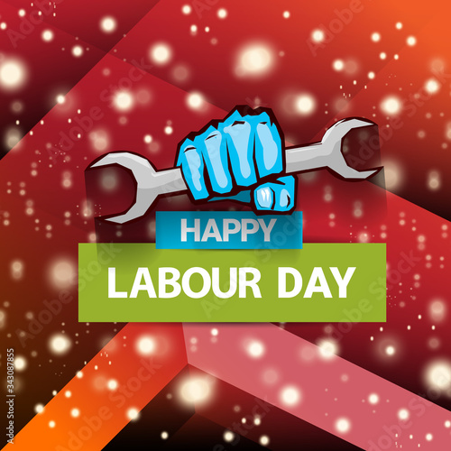 1 may Happy labour day vector label with strong protest fist isolated on red background with rays. vector happy labor day background or banner with man hand. workers may day poster