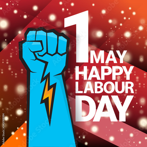1 may Happy labour day vector label with strong protest fist isolated on red background with rays. vector happy labor day background or banner with man hand. workers may day poster