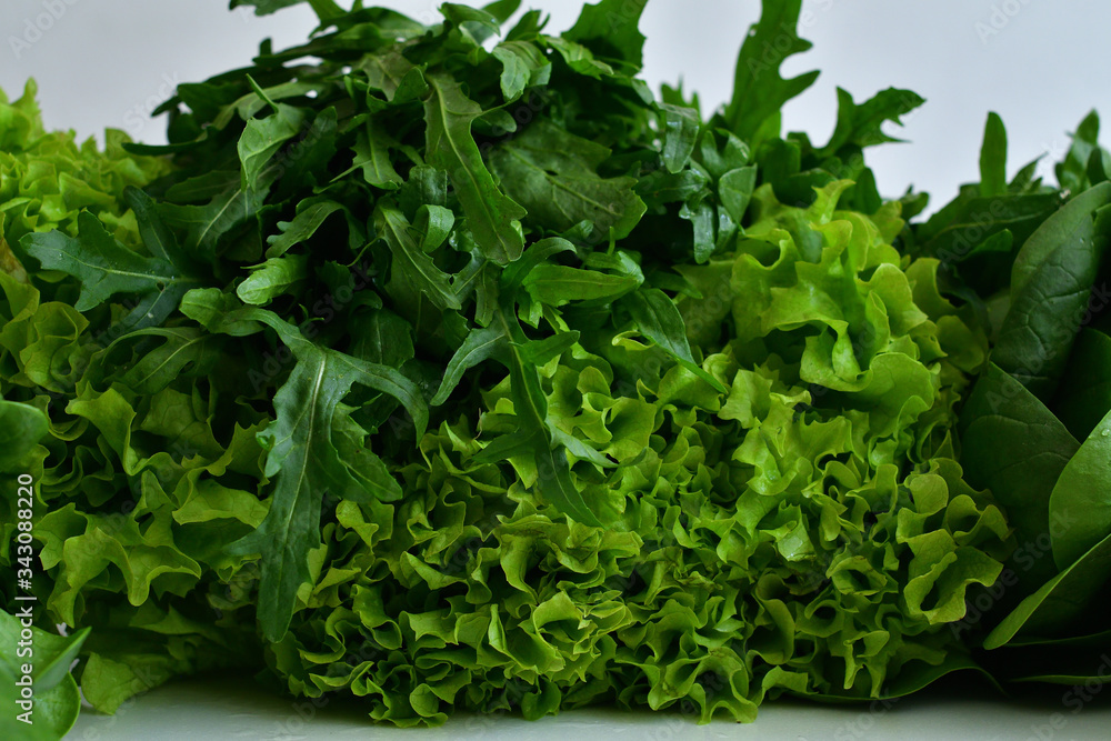 juicy fresh spinach, arugula ,Lettuce salad on a white background.Fresh Organic Raw Greens. vegan, vegetarian concept.Spring avitaminosis.ingredients for detox smoothie juicy fresh spinach, arugula ,Lettuce salad on a white background.Fresh Organic Raw Greens. vegan, vegetarian concept.Spring avitaminosis.ingredients for detox smoothie
