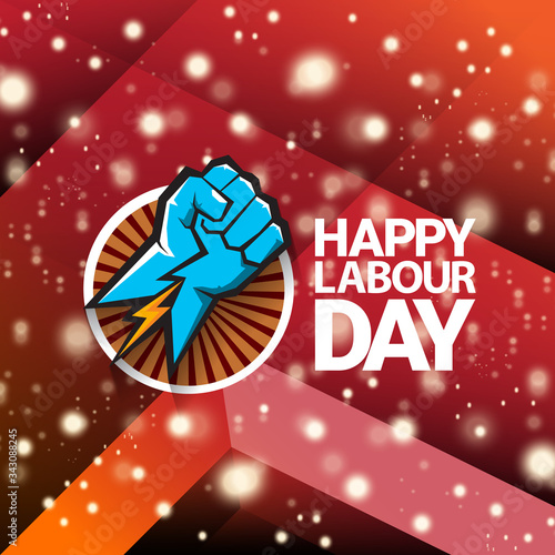 1 may Happy labour day vector label with strong protest fist isolated on red background with rays. vector happy labor day background or banner with man hand. workers may day poster