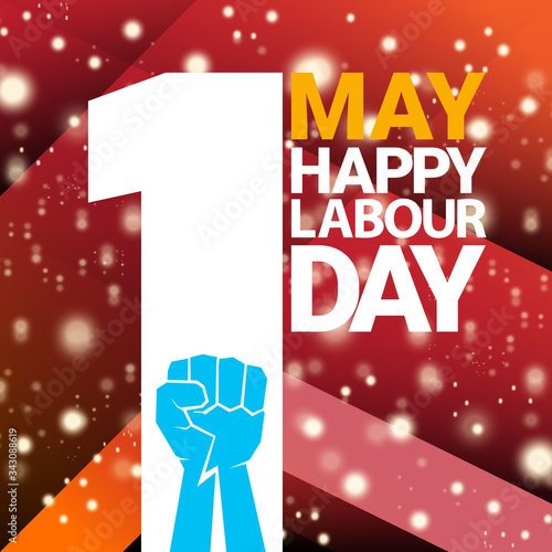 1 may Happy labour day vector label with strong protest fist isolated on red background with rays. vector happy labor day background or banner with man hand. workers may day poster
