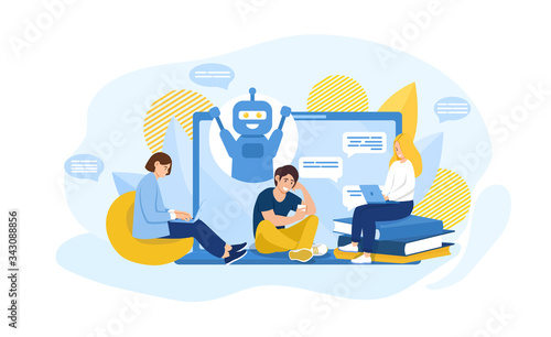 Online Chatbot communication concept with a bot on a computer screen with speech bubbles and three participating people seated in front, colored vector illustration with copy space