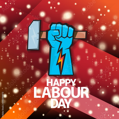 1 may Happy labour day vector label with strong protest fist isolated on red background with rays. vector happy labor day background or banner with man hand. workers may day poster