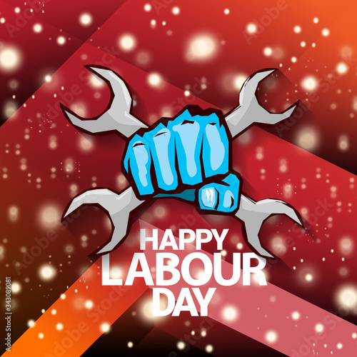 1 may Happy labour day vector label with strong protest fist isolated on red background with rays. vector happy labor day background or banner with man hand. workers may day poster