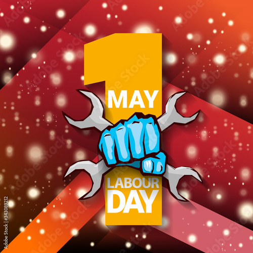 1 may Happy labour day vector label with strong protest fist isolated on red background with rays. vector happy labor day background or banner with man hand. workers may day poster