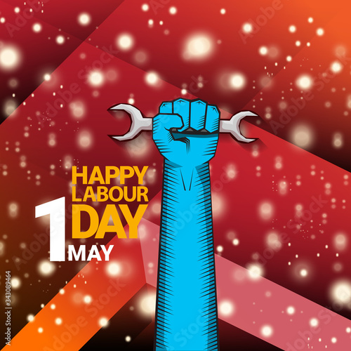 1 may Happy labour day vector label with strong protest fist isolated on red background with rays. vector happy labor day background or banner with man hand. workers may day poster